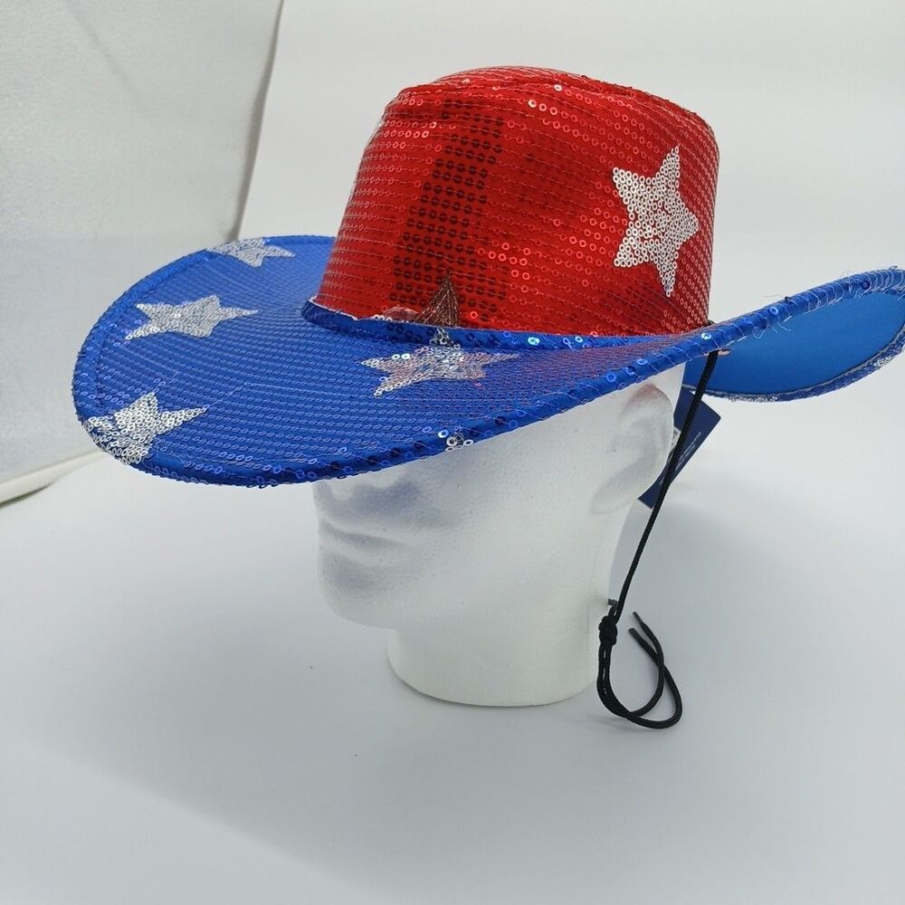 Sequin Patriotic Cowboy Hat Red White Blue Stars USA Rodeo Festival Western - Picture 4 of 5
